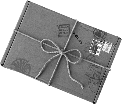 black and white photo of dispatch box with string tied around and into a bow